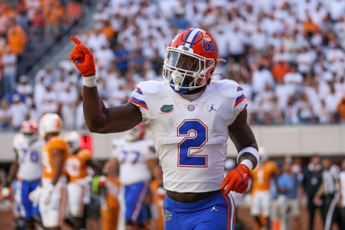 Florida Gators running back Montrell Johnson Jr. (2) celebrates after scoring a touchdown against the Tennessee Volunteers during the second half at Neyland Stadium.